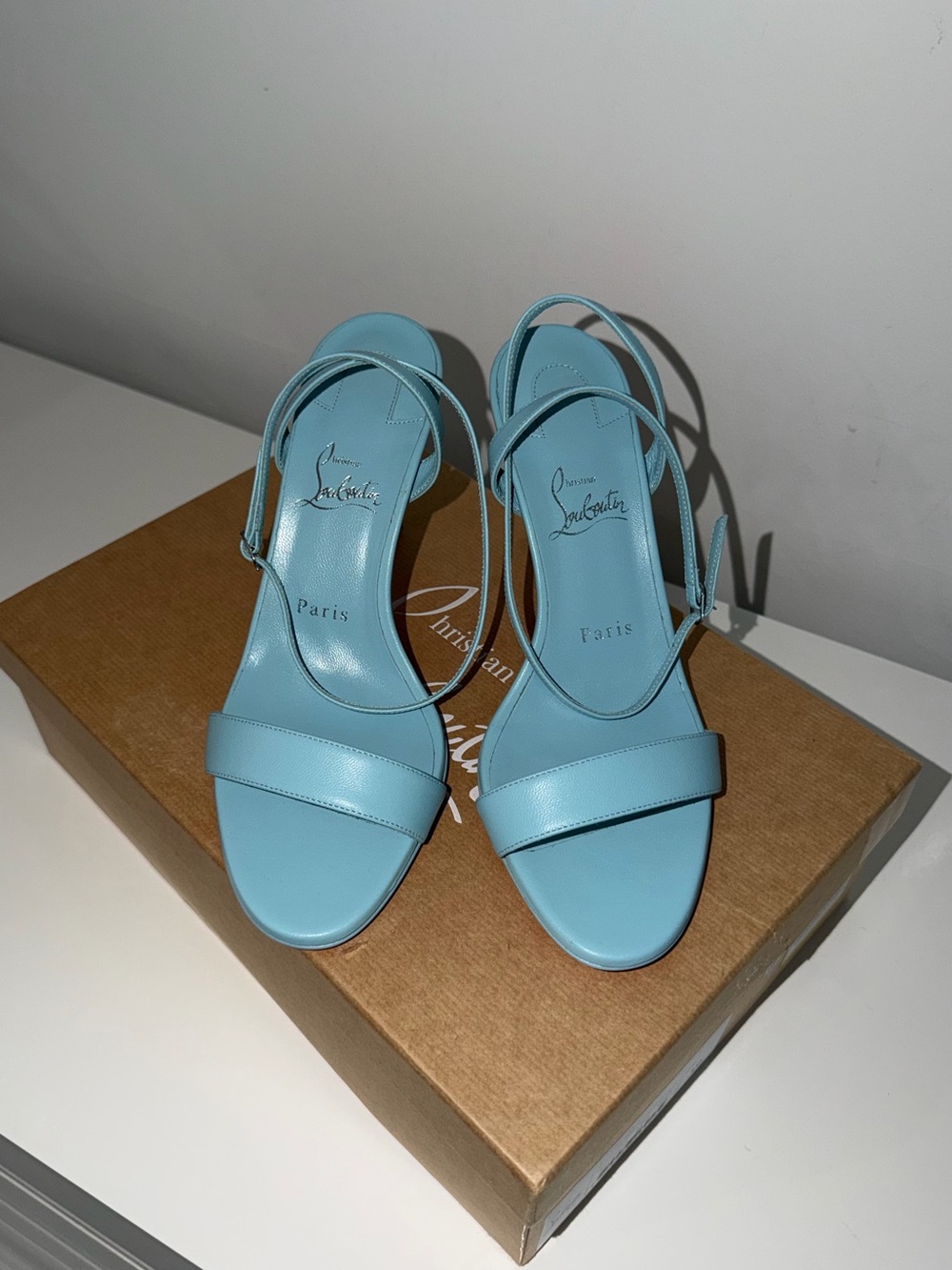 Brand New Christian Louboutin Light Blue Leather Strappy Heels